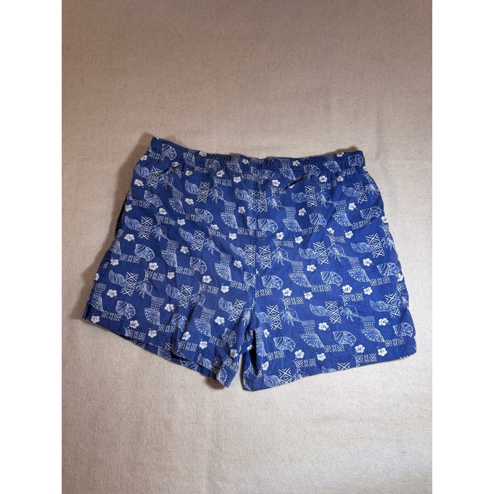 Pacific Scene Vintage 90s Swim Trunks Mens L Blue Seashell Hibiscus Print - Picture 3 of 8